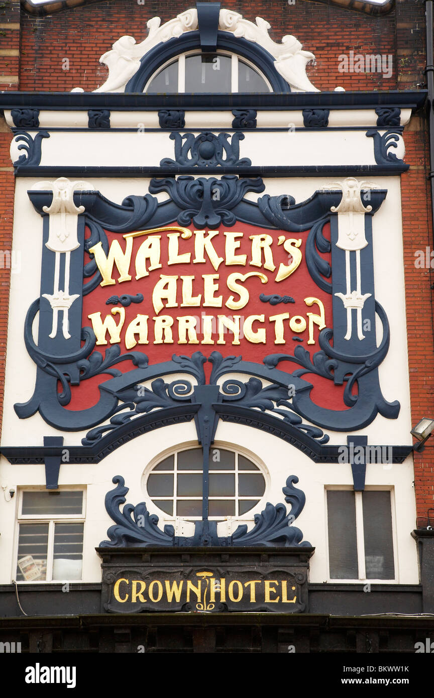 Walker`s Ales Warrington sign outside Crown Hotel in Liverpool UK Stock Photo